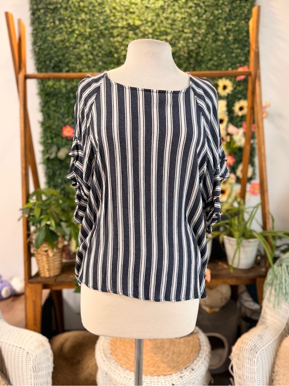 Umgee Navy and White Striped Ruffle Sleeve Blouse